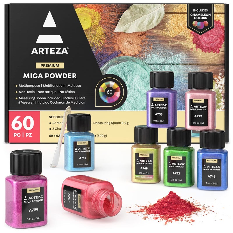 ARTEZA Mica Powder for Epoxy Resin, Set of 60, Assorted Colors, 0.18 oz Bottles, Mica Powder for Candle Making and DIY Crafts - Image 1